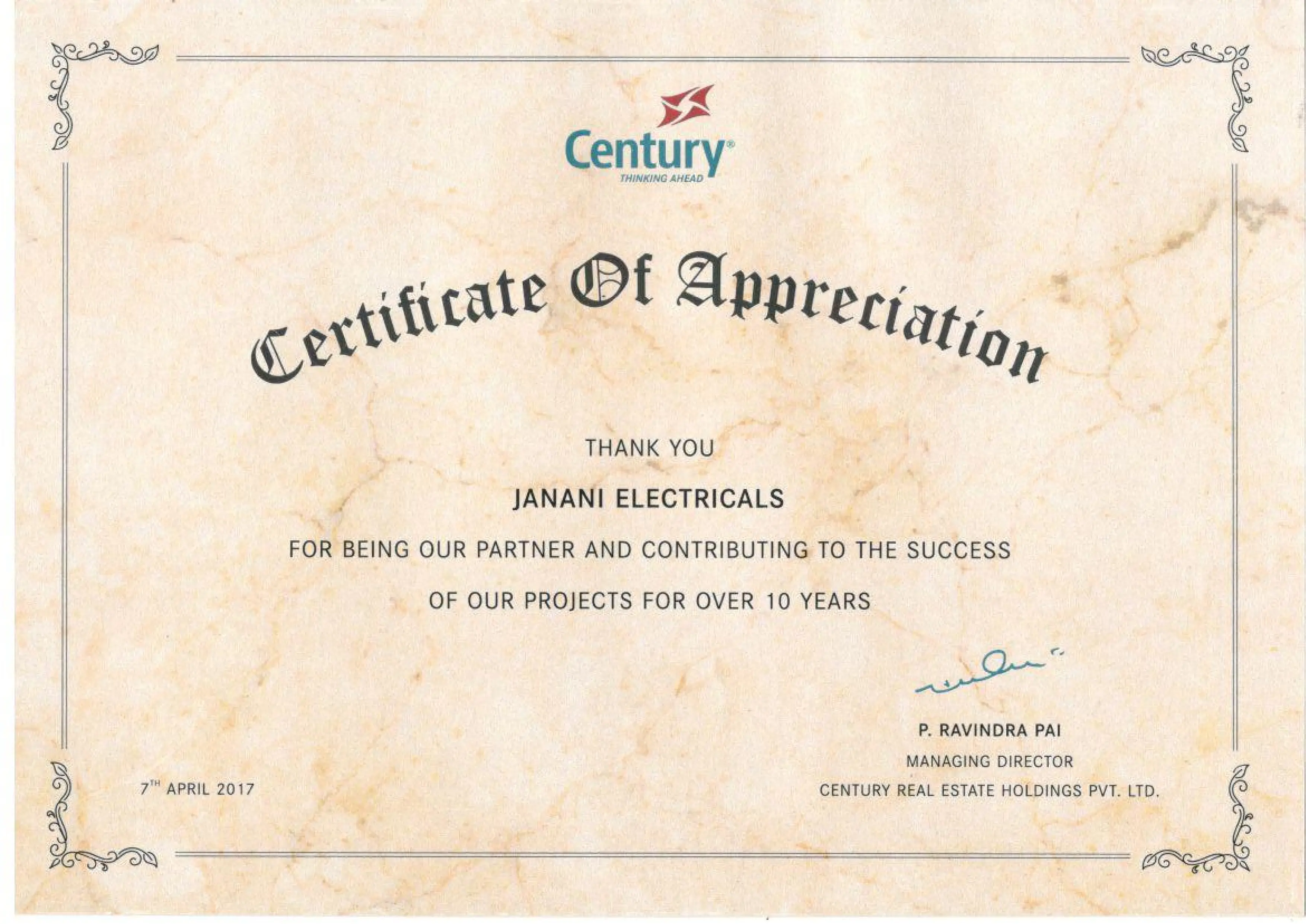 Certificate of Appreciation - Century