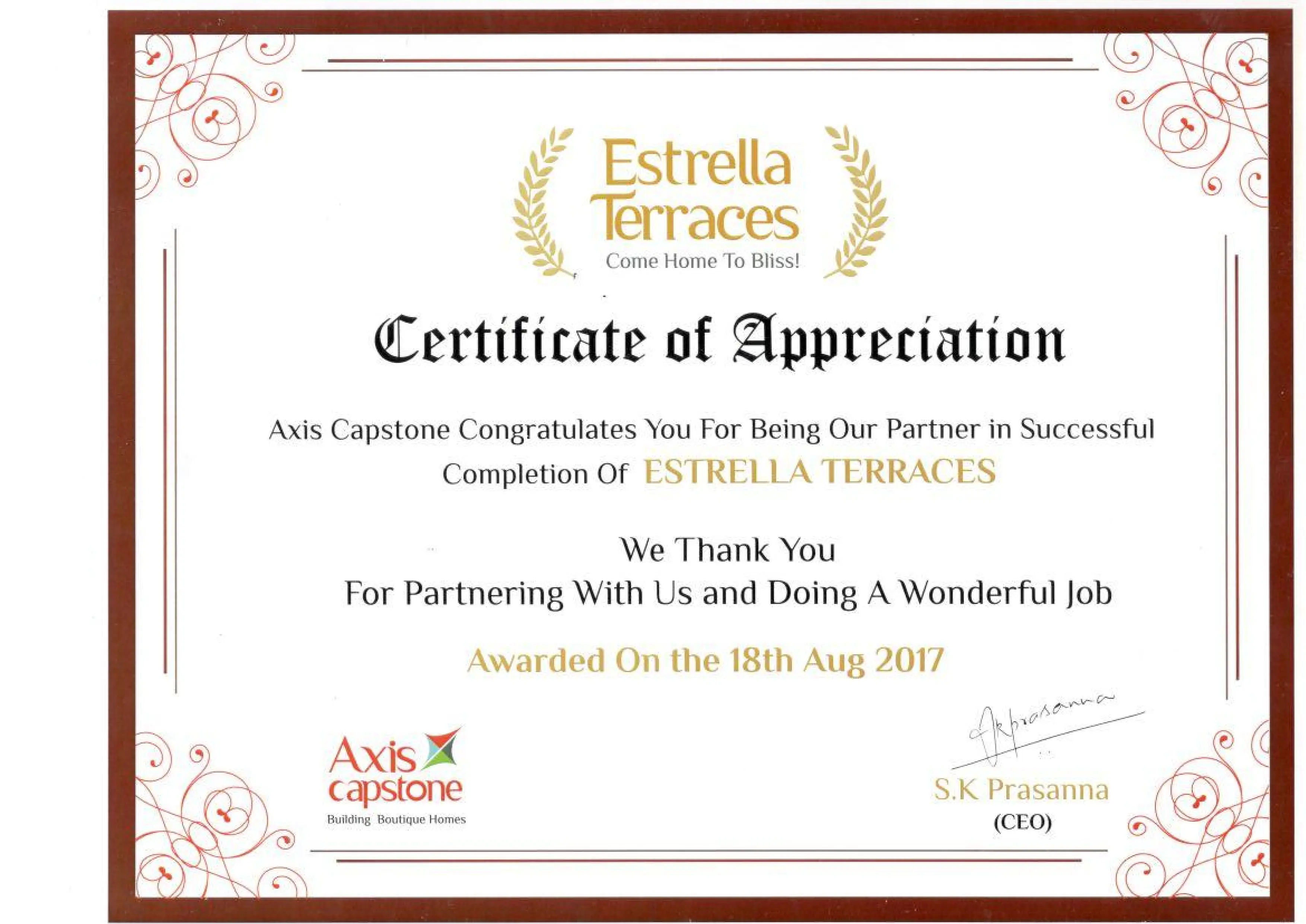 Certificate of Appreciation - Estrella Terraces